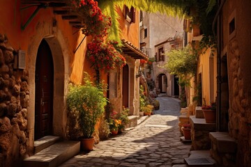 Fototapeta na wymiar Beautiful street in old town of Budva, Montenegro, AI Generated