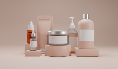 Cosmetic product mockups on geometric podiums with background for presentation of cosmetic.3D rendering