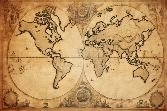 old map of the world on a wooden background with some stains on it, AI Generated