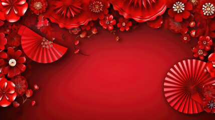 Happy Chinese new year. Chinese new year banner with flowers and paper fans on red background. Greeting card.