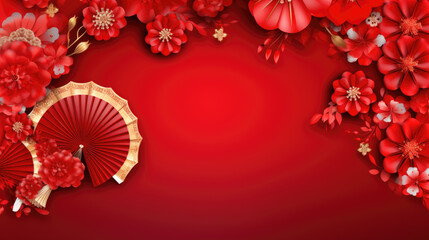 Happy Chinese new year. Chinese new year banner with flowers and paper fans on red background. Greeting card.