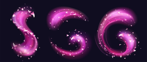 Pink swirls with flower petals isolated on black background. Vector realistic illustration of neon light waves with sakura blossom, perfume aroma trail, magic romantic power effect, love in air © klyaksun