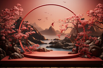 Podium round stage podium and art Chinese new year, flower and asian elements with craft style on background - obrazy, fototapety, plakaty