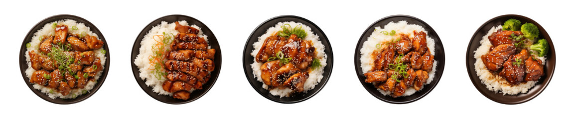 Collection plate of teriyaki chicken with rice isolated on a transparent background, top view - obrazy, fototapety, plakaty