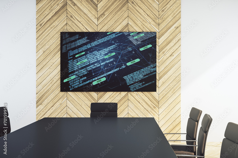 Poster Abstract creative coding illustration on tv display in a modern presentation room, software development concept. 3D Rendering