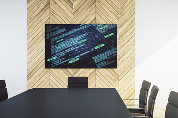 Abstract creative coding illustration on tv display in a modern presentation room, software development concept. 3D Rendering
