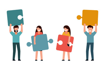 People connect jigsaw puzzle elements to solve puzzles. Symbol of teamwork. Cooperation to succeed. Vector illustration flat design style