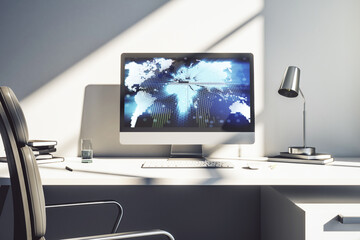 Fototapeta premium Modern computer monitor with abstract digital world map, research and strategy concept. 3D Rendering