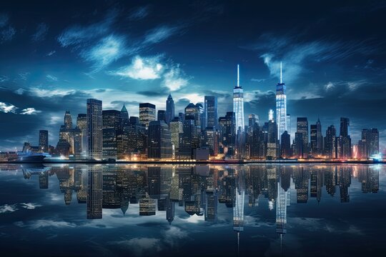 Night scene of the New York City skyline with reflection on the water, AI Generated