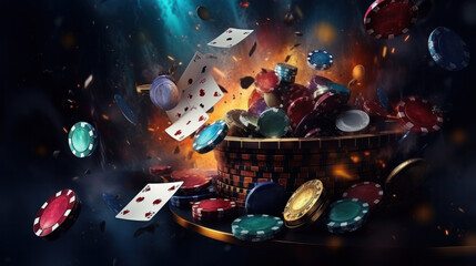 Creative casino background and chips, Stack of poker chips on a green table. Poker game theme