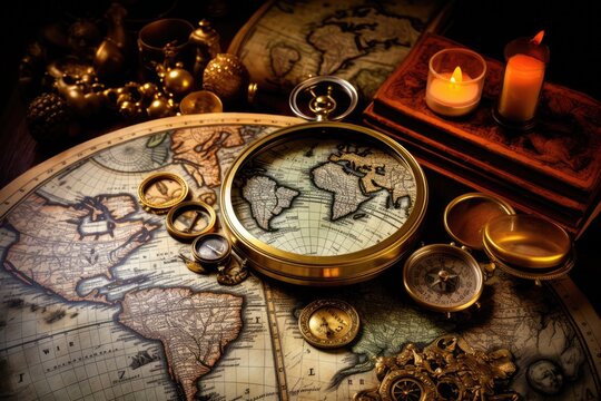 Vintage brass compass on old map. Retro style toned picture, AI Generated