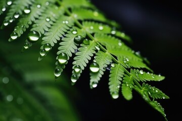 Macro capture of delicate fern leaves adorned with glistening rainwater droplets