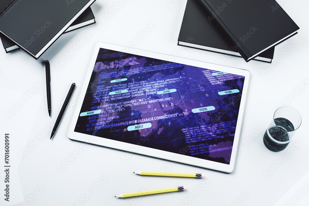 Leinwandbilder abstract creative coding concept with world map on modern digital tablet screen. top view. 3d render