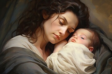 Fototapeta na wymiar Beautiful mother with her newborn baby on a dark background, close-up, AI Generated