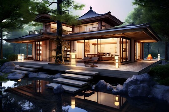 Modern Chinese Exterior Design With The Pond In The Garden