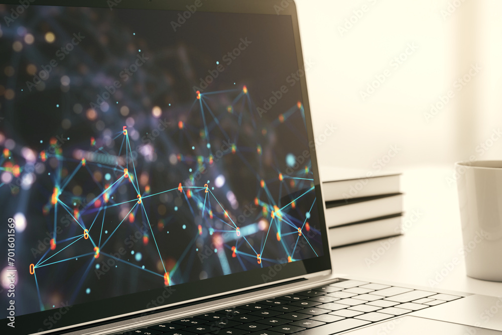 Aufkleber Creative abstract wireless technology hologram on modern computer monitor, artificial intelligence and machine learning concept. 3D Rendering