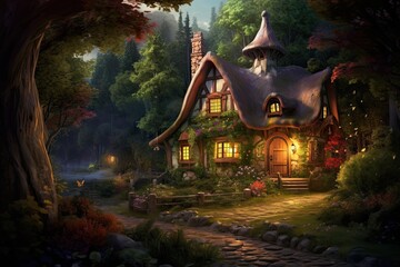 Fantasy fairy tale house in the forest. 3D illustration, AI Generated