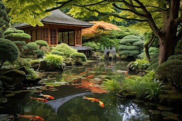 Naklejka premium Japanese garden with pond and goldfish. Beautiful Japanese garden design, AI Generated