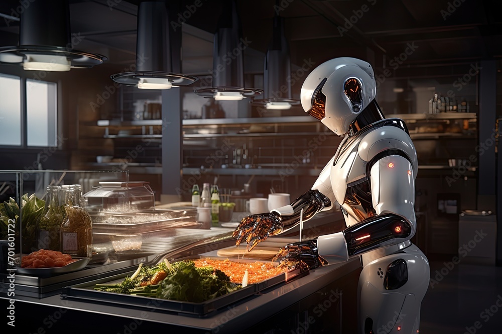 Poster Robot in the kitchen preparing food. The concept of modern technologies, AI Generated