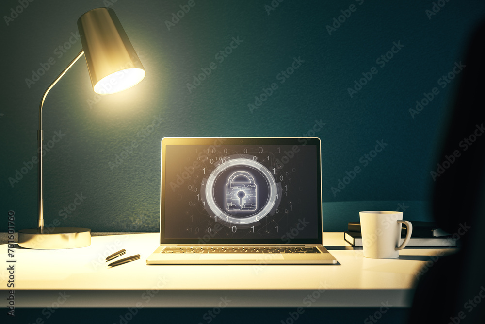 Aufkleber Computer monitor with creative light lock illustration and microcircuit, cyber security concept. 3D Rendering