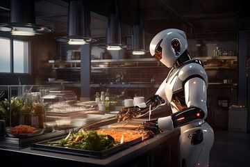 Robot in the kitchen preparing food. The concept of modern technologies, AI Generated