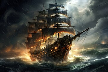 Pirate ship in stormy sea. 3D illustration. Fantasy, AI Generated - obrazy, fototapety, plakaty
