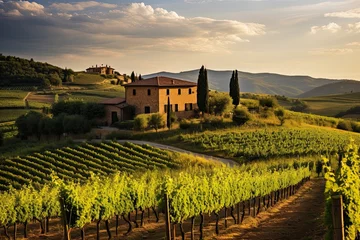 Washable wall murals Toscane Vineyards in Tuscany, Italy at sunset. Retro style, AI Generated