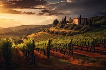 Rural landscape in Tuscany, Italy at sunset. Vineyards, AI Generated