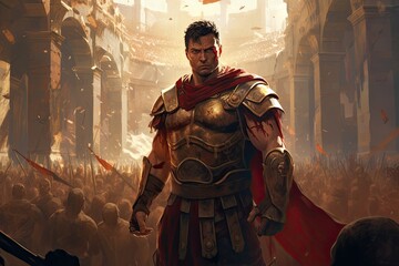 Ancient Roman legionary in the ruins of the city. 3d rendering, AI Generated - obrazy, fototapety, plakaty