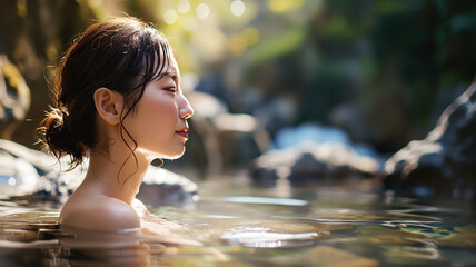 Portrait of beautiful Japanese women relaxing in hot spring - obrazy, fototapety, plakaty