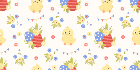 Seamless pattern little chick with Easter egg on white background with flowers. Vector illustration for festive paschal design, wallpaper, packaging, textile. Kids collection.
