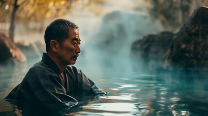 portrait of 60 years old Japanese men relaxing in hot spring - obrazy, fototapety, plakaty