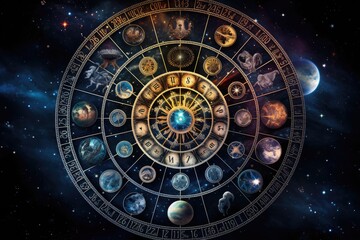 Zodiac signs in the Zodiac circle against the background of the starry sky, AI Generated