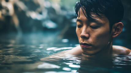 Portrait of asian man relaxing in hot spring - obrazy, fototapety, plakaty