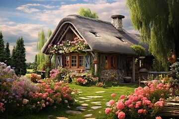 Wooden cottage in the garden with flowers. Digital painting effect, AI Generated