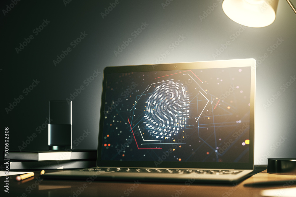 Aufkleber Modern computer display with abstract graphic fingerprint sketch, fingerprint scan data concept. 3D Rendering