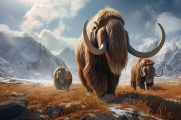 3d render of mammoth in the highlands with mountains in the background, AI Generated