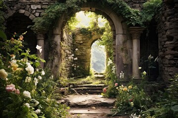 Fototapeta na wymiar Beautiful garden with flowers and archway at the top of the mountain, AI Generated