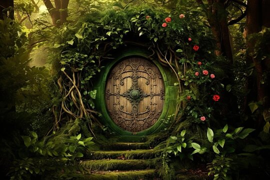 Wooden door in the green forest. 3d render illustration, AI Generated
