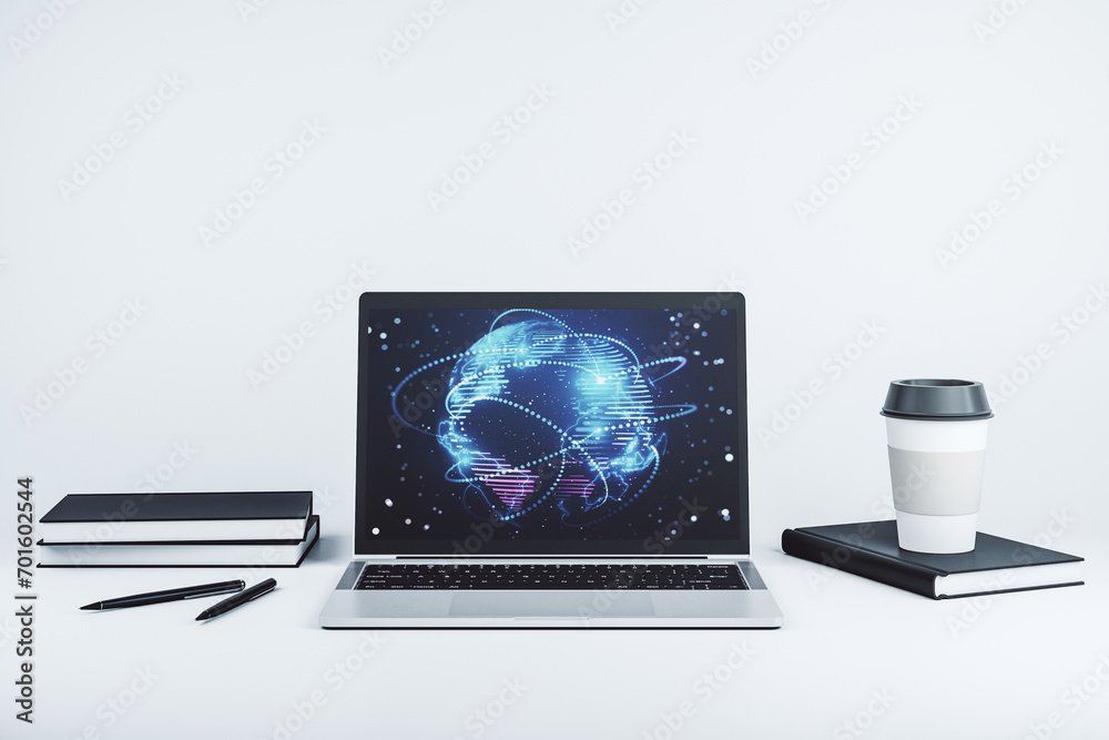 Poster Computer monitor with abstract graphic digital world map with connections, globalization concept. 3D Rendering