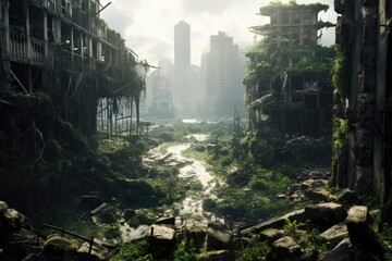 The ruins of old buildings in the jungle, Apocalyptic city ruins taken over by jungle, AI Generated