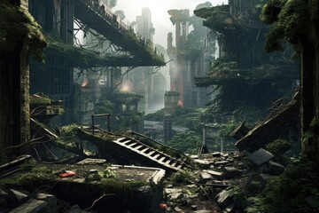 Fantasy landscape with broken bridge over the river. 3d rendering, Apocalyptic city ruins taken over by jungle, AI Generated
