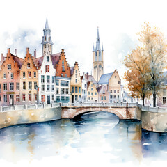 Fototapeta premium Netherlands street border. Сanal and bridges. Urban landscape on watercolor style 