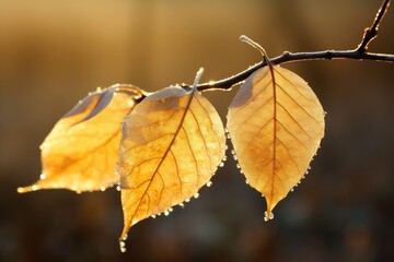 Close-up of three dew-spangled leaves with a blissful backdrop, a tranquil moment in nature's embrace