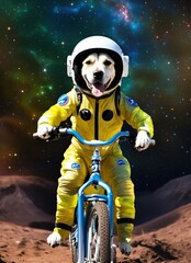 Generate an image of a dog biking in outer space with an alien costume. The dog is dressed in an alien space suit with antennas on its head and three eyes.
