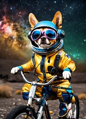 Generate an image of a dog biking in outer space with an alien costume. The dog is dressed in an alien space suit with antennas on its head and three eyes.
