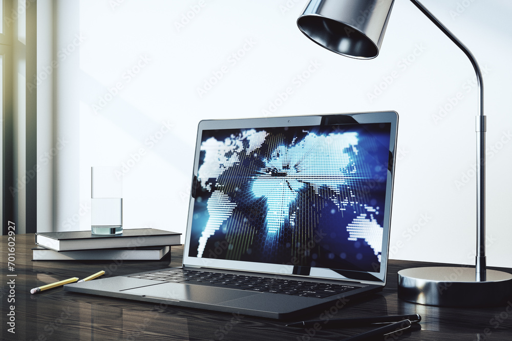 Leinwandbilder modern computer monitor with abstract digital world map, research and strategy concept. 3d rendering