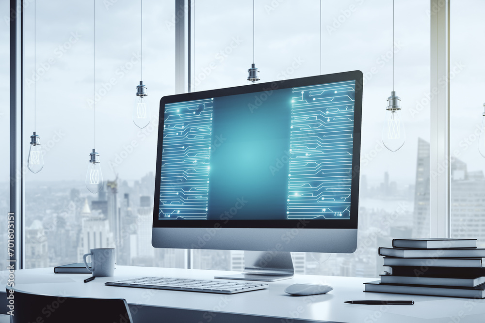 Aufkleber Creative abstract micro chip hologram on modern computer monitor, artificial intelligence and machine learning concept. 3D Rendering