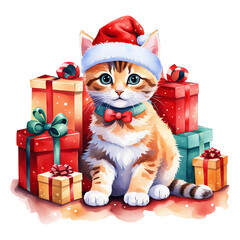 Watercolor Christmas red kitten. Cat in red hats with Christmas toys and gifts. Sticker