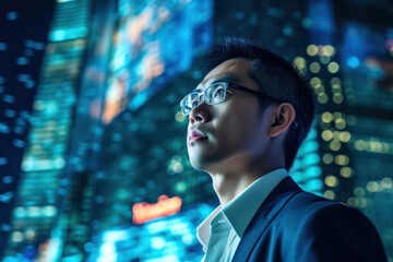 Close up face Business asian man or Finance trade manager analyzing stock market indicators, financial data and charts with business in background.